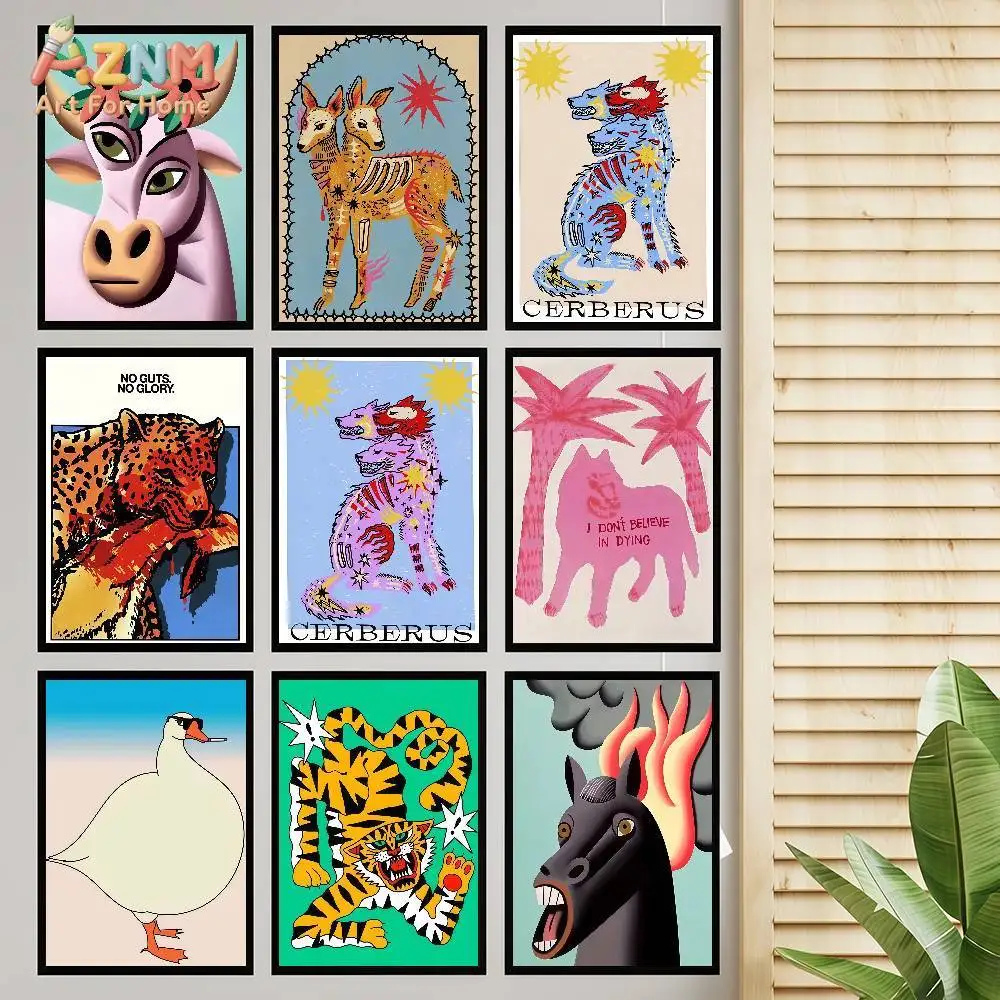 

AZNM Retro Psychedelic Animal Canvas Wall Art, Vintage Cerberus Tiger Leopard Print Poster, Bold Cartoon Cow Duck Unframed Paint