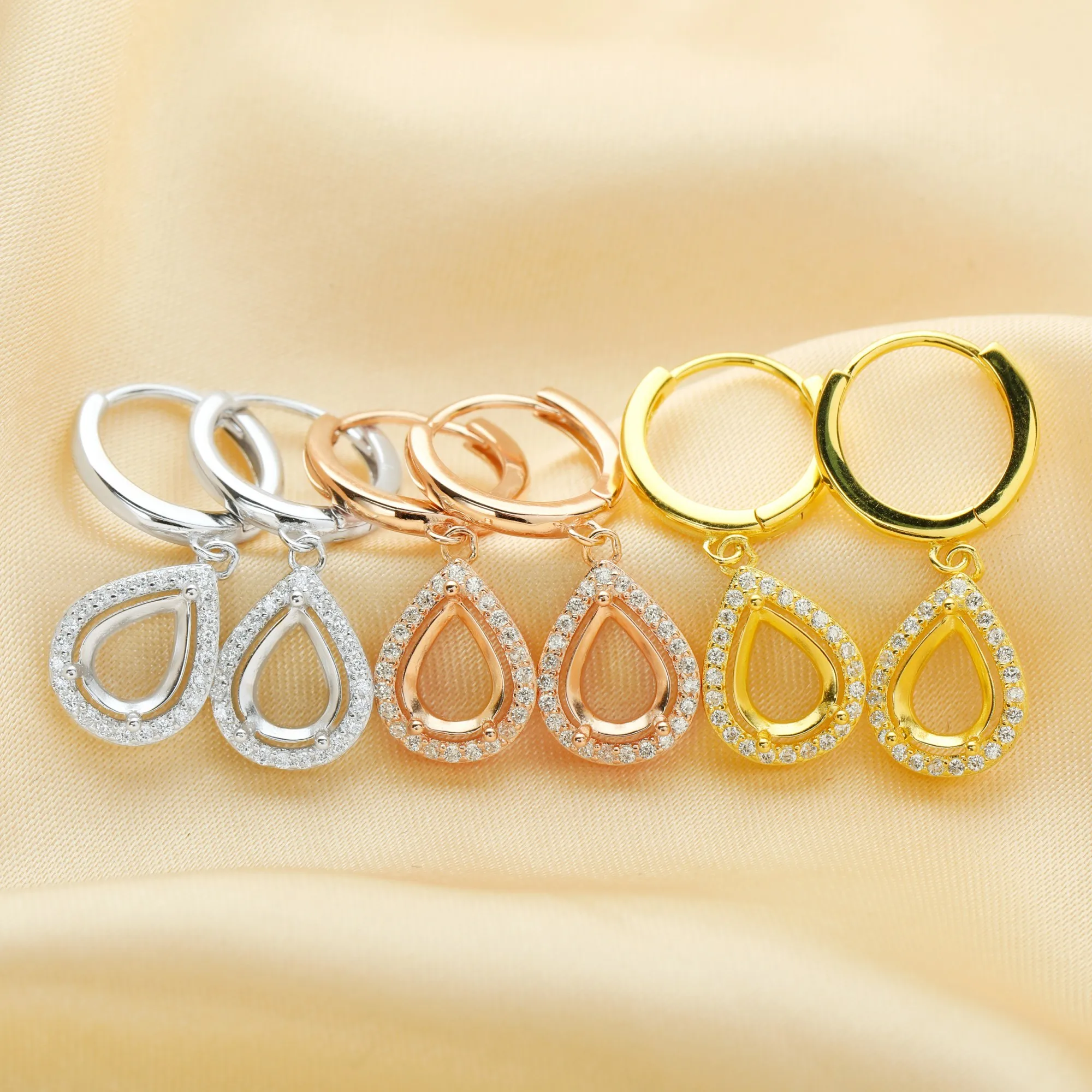 6x8MM Pear Hoop Earrings Settings,Solid 925 Sterling Silver Rose Gold Plated Earrings,Halo Pave CZ Stone Pear Pendant 1706137