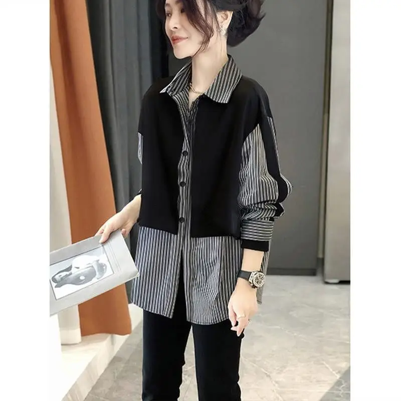 Fashion Lapel Spliced Striped Fake Two Pieces Shirts Women\'s Clothing 2023 Autumn Winter Loose Casual Tops Asymmetrical Blouses