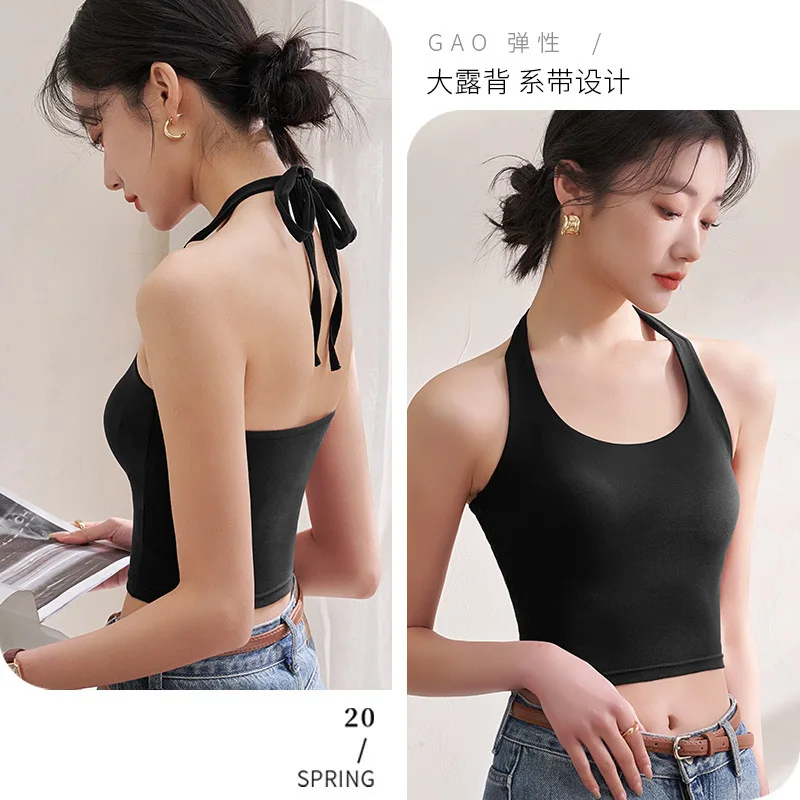 For 40-60kg Halter Spaghetti Straps Sleeveless Camisole Top For Women Short Crop Tops With Chest Pad Beauty Back Underwear