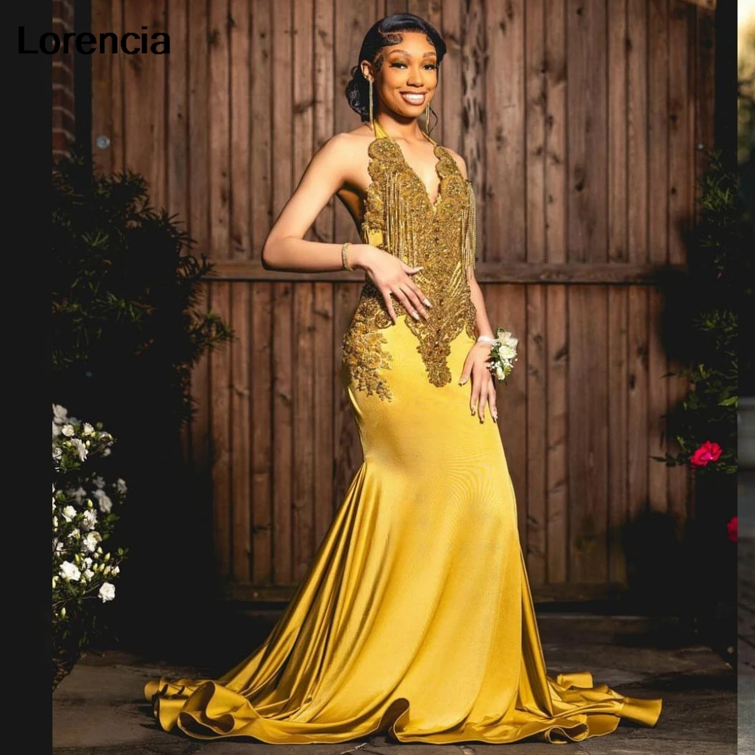 Customized Gold Velvet Mermaid Prom Dress For Black Girls 2024 Sequins Crystals Beaded Formal Party Prom Gala Gown YPD162