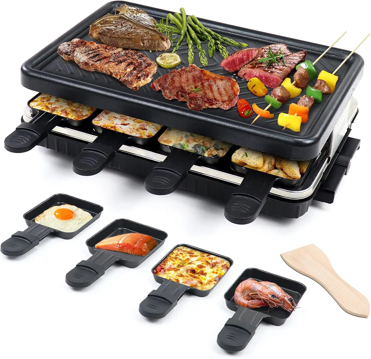 

Electric Raclette Grill & Korean BBQ - 8 Non-Stick Trays, 1300W with Temperature Control, Dishwasher-Safe for Family Gatherings