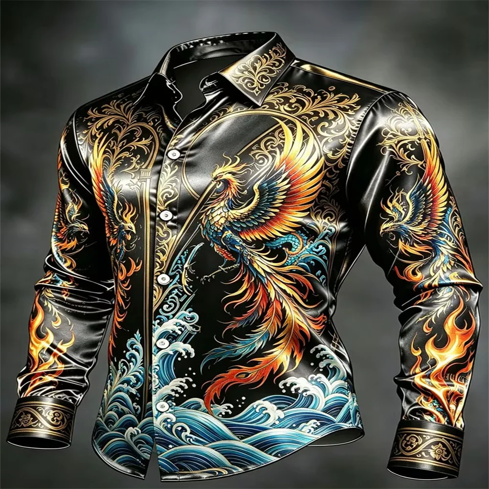 Men's shiny shirt, phoenix print shirt, wavy pattern shirt, black long sleeved shirt, luxury men's party shirt