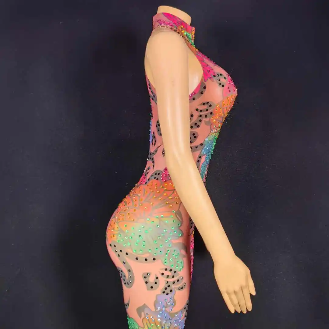Frauen Strass Stretch Sparkly Showgirl Tänzerin Strampler Bühne Tragen Nachtclub Pole Ballsaal Ärmellose Overalls Für Party Outfit