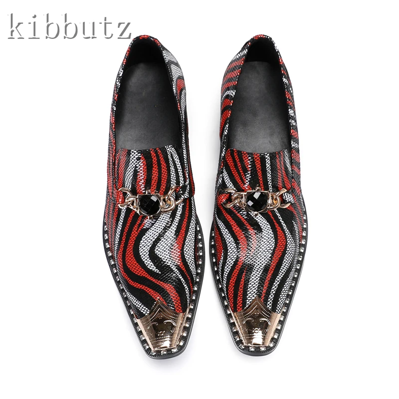 Zapatos de cuero genuino para hombre, calzado de vestir con hebilla de GEMA de colores mezclados, con personalidad y Punta de Metal, y boda para fiesta, nuevo diseño