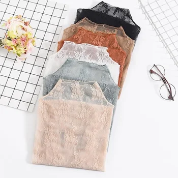 بلوزة نسائية بالدانتيل بأكمام طويلة وبأكمام قصيرة 2022 رقبة عالية مع فتحات شيفون شبكي مثير بتصميم أجنبي