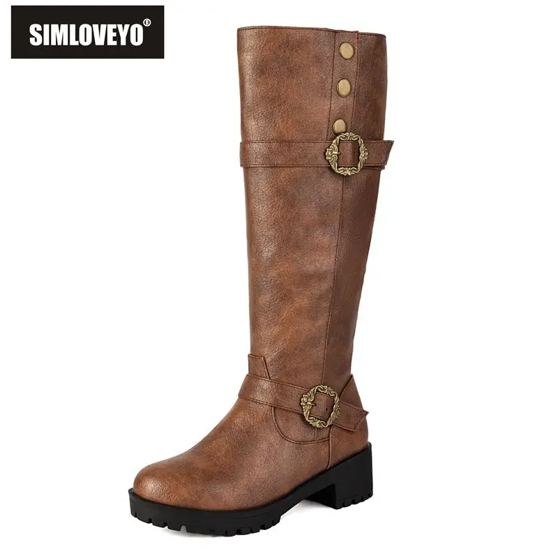 

SIMLOVEYO2025 Повседневные женские сапоги до колена с круглым носком на массивном каблуке 4,5 см на молнии, желтые, большие размеры 43, 44, 45, 46