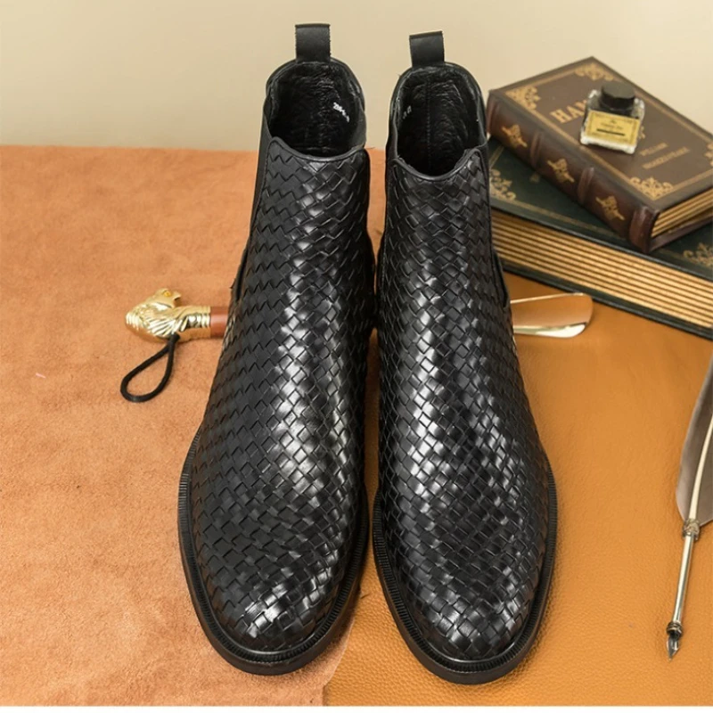 

Men Chelsea Boots Genuine Leather Weave Low Heel Classic Bare Boots Fashionable Business Banquet Men Boots