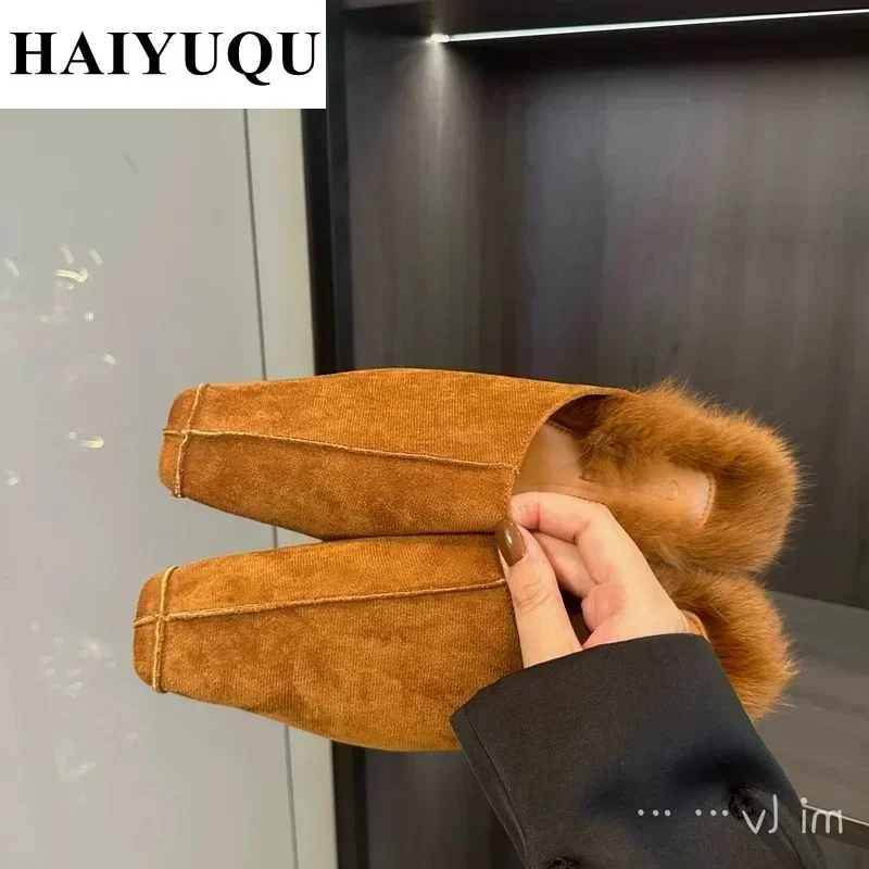 Luxury Furry Women Slippers Designer Mules Shoes Winter Suede Fur Slides 2025 Trend Square Toe Low Heels Plush Snow Botas Mujer