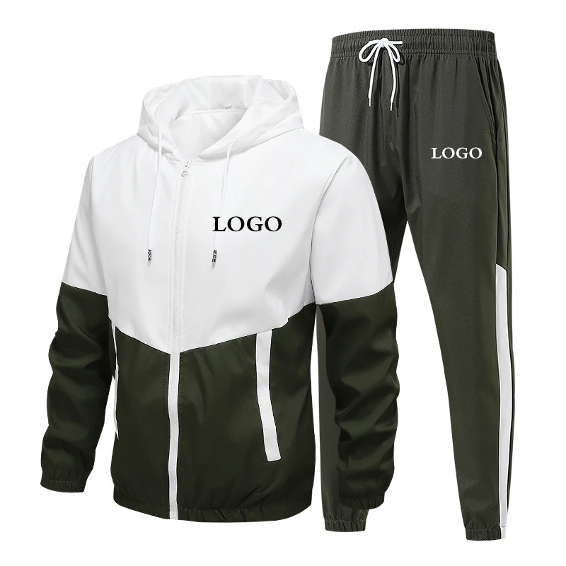 Custom Your Logo Men\'s Tracksuit 2 Pieces Sports Set Jogging and Hoodies Long Sleeve Coat Zip Up Patchwork Clothing