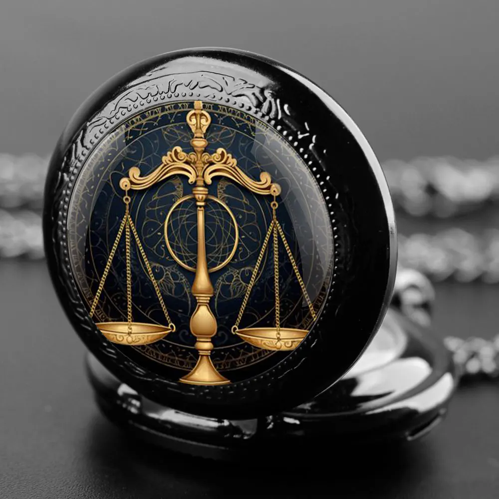 Reteo Black Golden and Silvery Lawyer Justice Scale Judge Creative Design Quartz Pocket Watch for Women Men