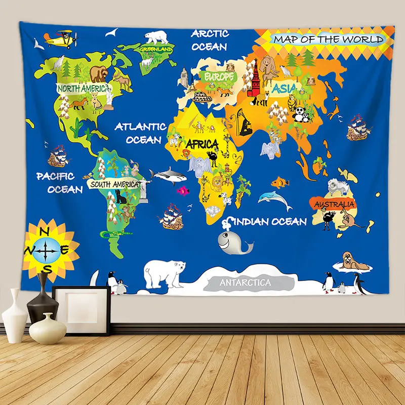 Animals World Map Tapestry Wall Hanging Large Kids Educational Landmarks World Map Tapestry Kindergarten Children\'s Room Decor