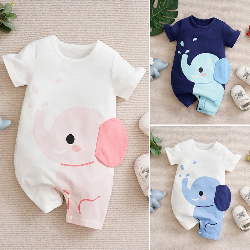 Baby Short Sleeved Jumpsuit Cartoon Cute Elephant Costume Baby Pure Cotton Breathable Clothes Summer Climbing Clothes