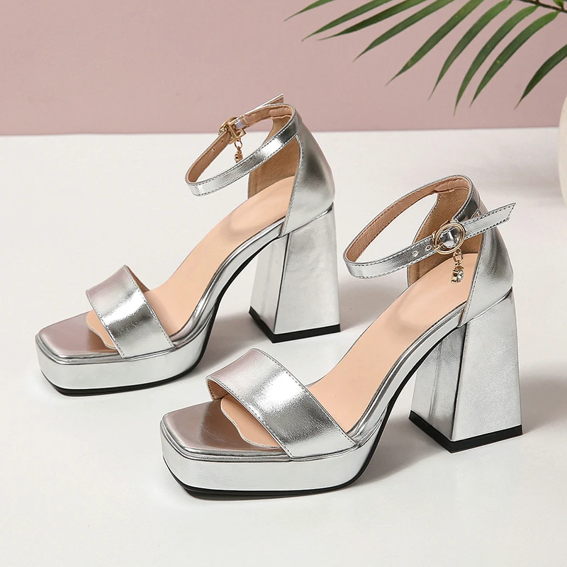 2024 Summer Open Toe Shiny Golden Silver Platform Women\'s Shoes Block High Heels Ankle Wrap Sexy Party Wedding Luxury Sandals