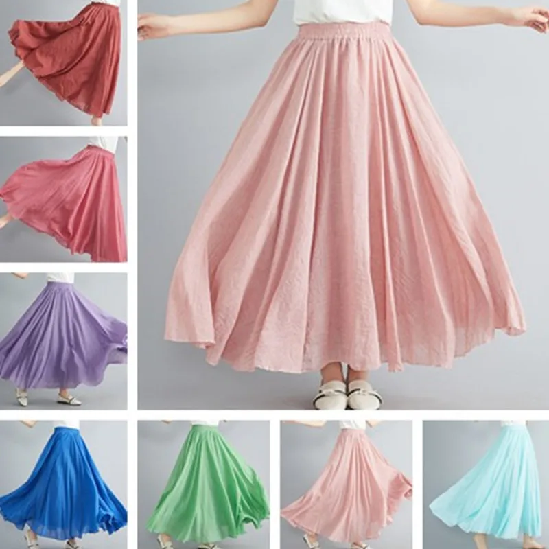 Women Linen Cotton Long Skirts Elastic Waist Pleated Maxi Skirts Beach Boho Vintage Summer Skirts Faldas Saia