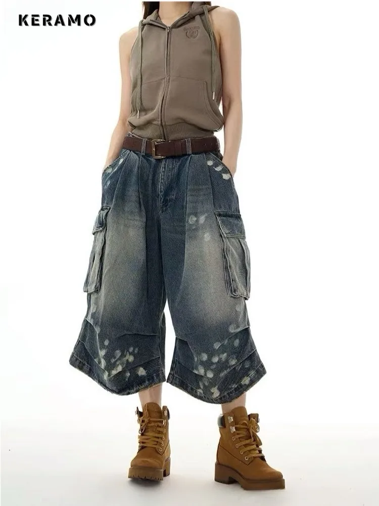 American Retro Street Washed Mid Long Jeans tasche Hip-hop Baggy pantaloncini oversize pantaloncini Casual Y2K Grunge da donna