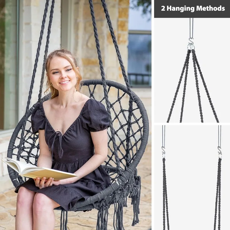 Hammock Chair Hanging Macrame Swing with Hardware Kits, Max 330 Lbs, Handmade Knitted Mesh Rope Swing Chair for Indoor