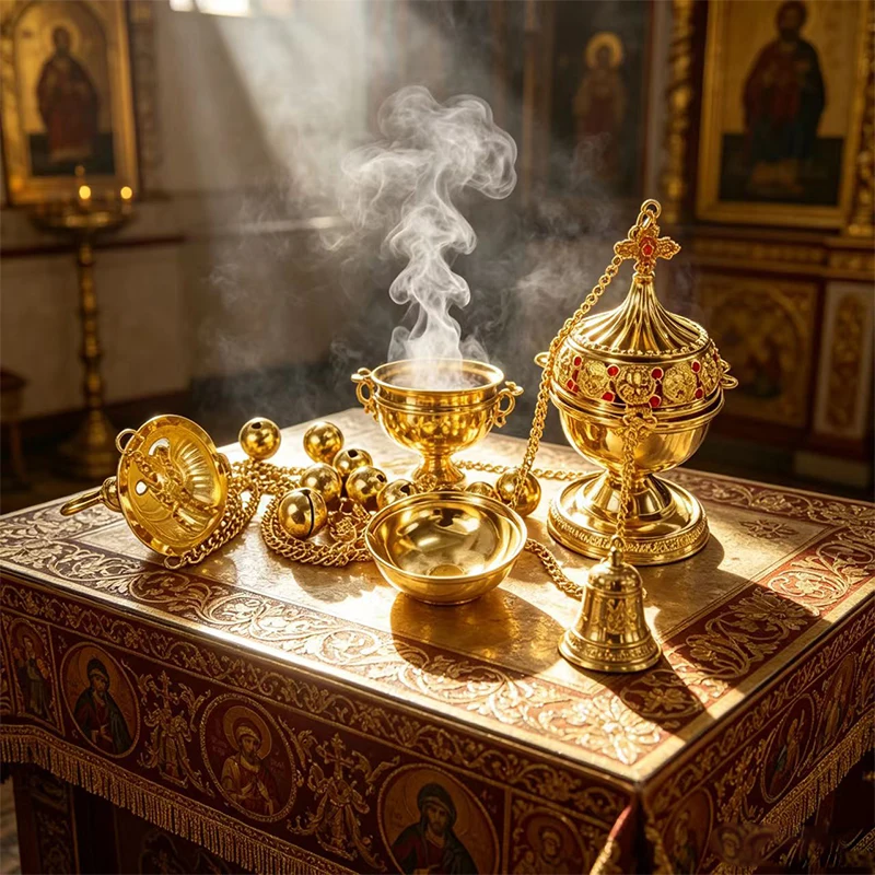 

Byzantine Gold Plated Orthodox Hanging Incense Burner with Bells Enamel for Church Liturgy Home Altar Prayer Christian Decor