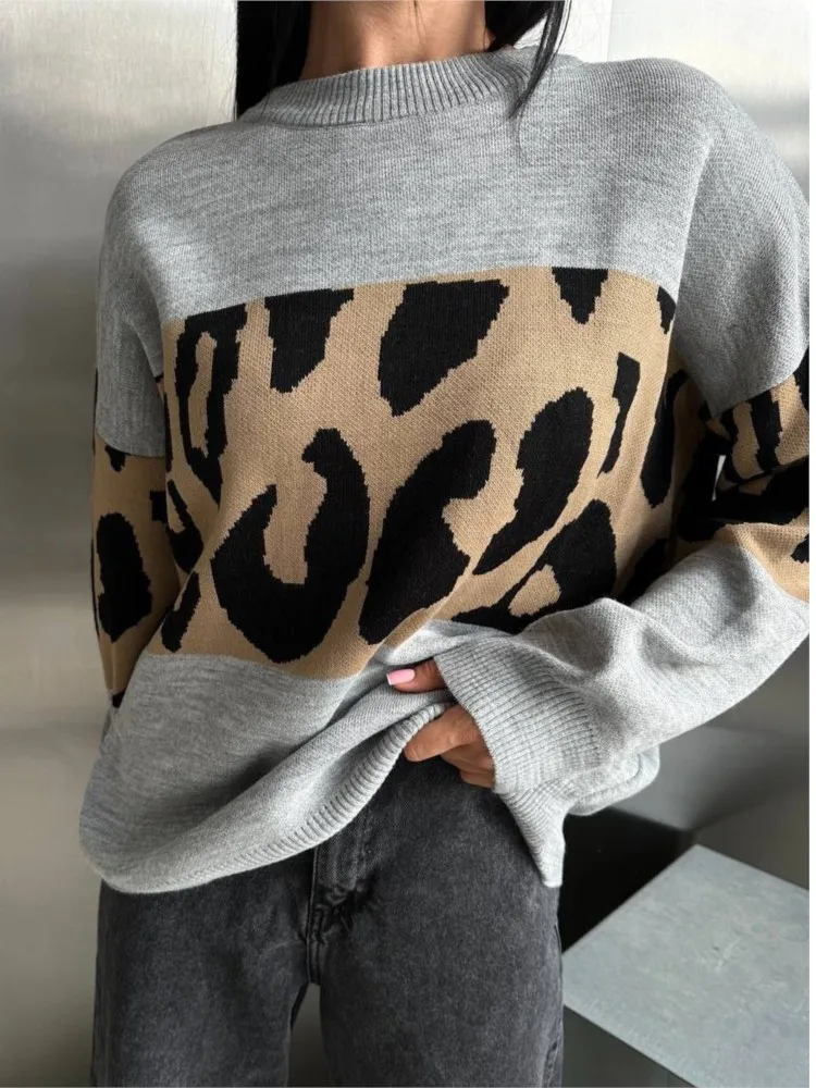2025 심플 니트 풀오버 스타일 올매치 스웨터 출퇴근 홈웨어 홈 의류 레오파드 프린트 대비 루즈핏 여성용