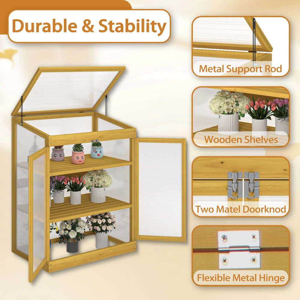 Greenhouse Wooden Cold Frame Greenhouse, Mini Greenhouse for Outdoor, Polycarbonate Garden Greenhouse Cabinet 2-Tier, Keep