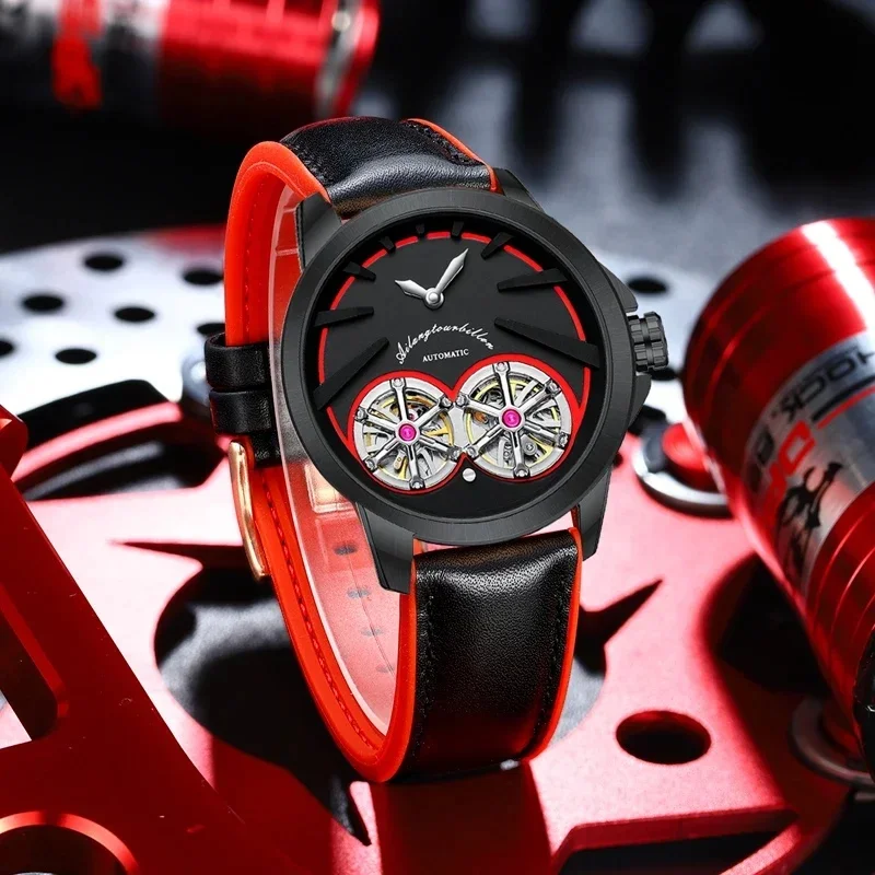 AILANG Double Tourbillon Men's Luxury Watch Automatic Mechanical Waterproof Leather Strap Business Wristwatch for Males