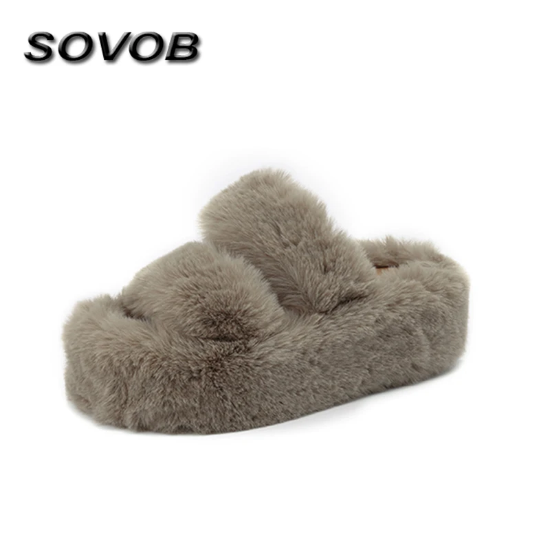 

Fashion Khaki Fur Slippers For Women Comfortable Non-Slip Platform Slippers Women Warmed Plush House Slipper Chanclas De Mujer