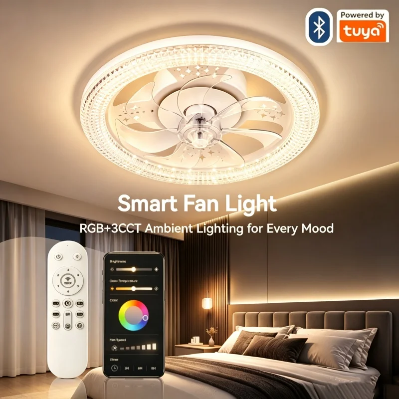 Tuya Smart RGB Ceiling Fan Light APP Remote Control 6 Speed 3CCT Dimmable LED Fan Lamp for Bedroom Living Dining Room Kitchen