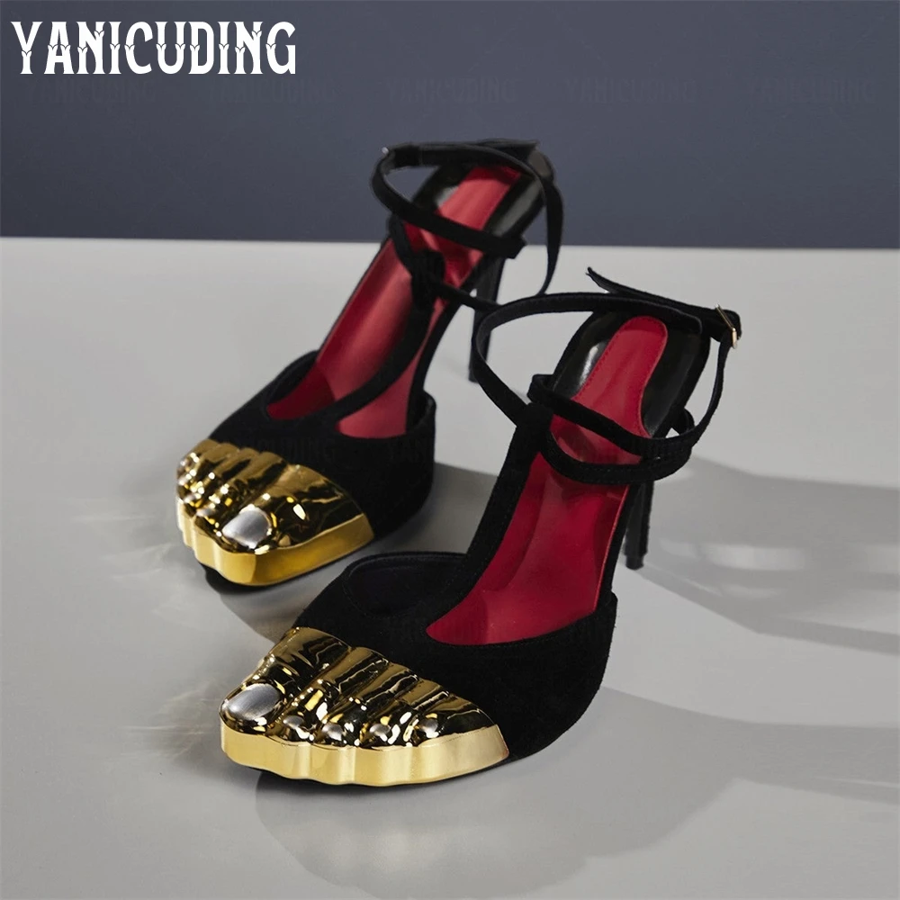 

Metallic Toe Stiletto Sandals Novelty Black Suede Buckle Sandals Designer Strange Toes DIY Nail Polish Women's Summer High Heels