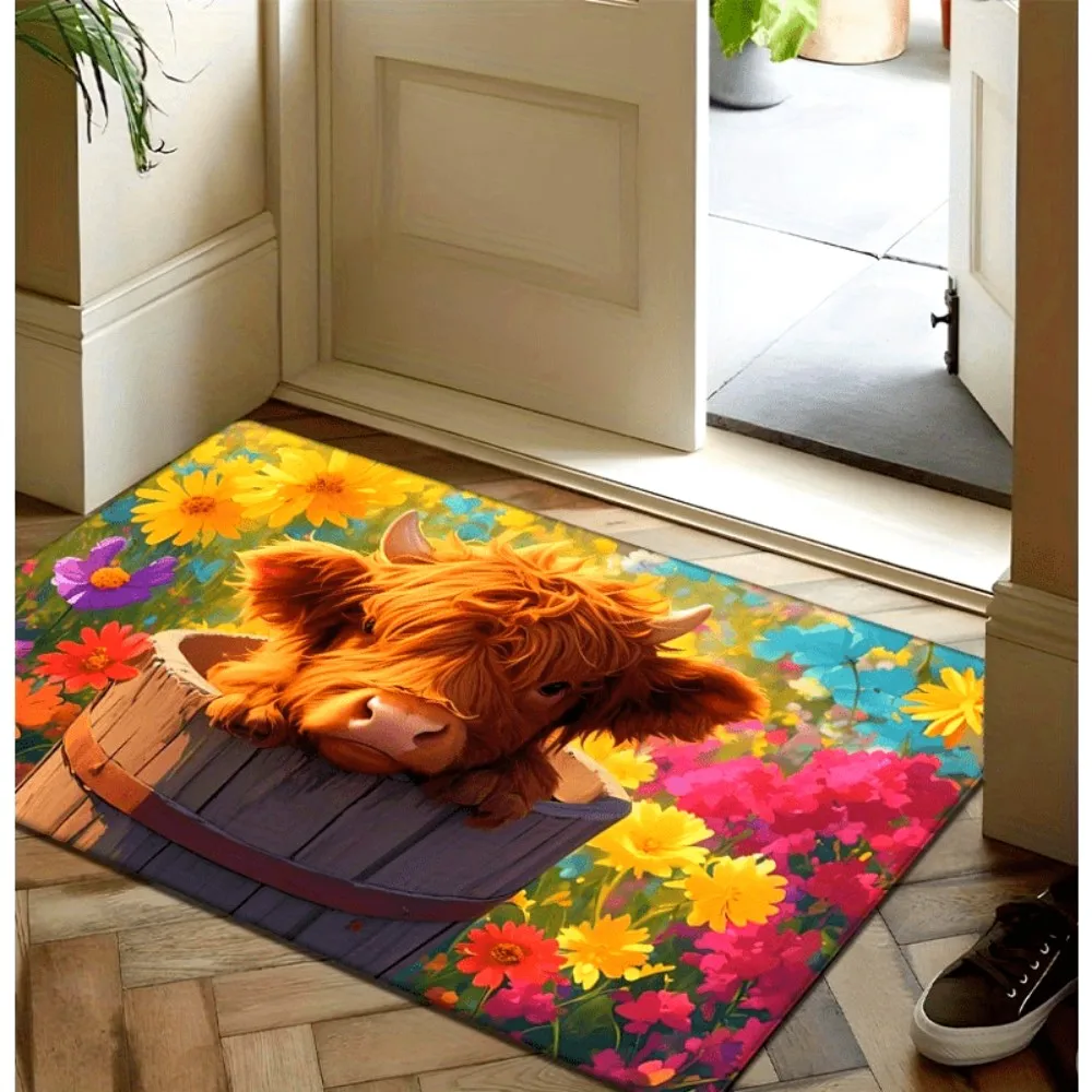 

VIKAMA Charming Cow Print Rug Perfect for entryways and bedrooms Vibrant floral pattern Machine washable indoor decorative rug