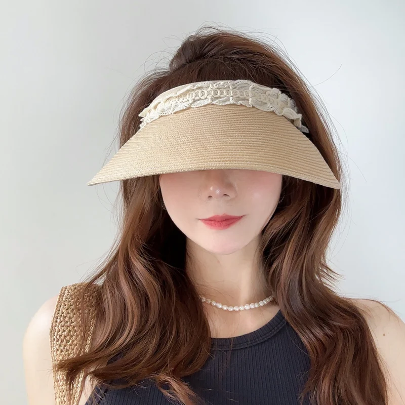 

Women's Summer New Sle Beach Sun Hat UV Protection Large Brim St Woven Emp Top Hat Casual Lace Detail Travel Cap