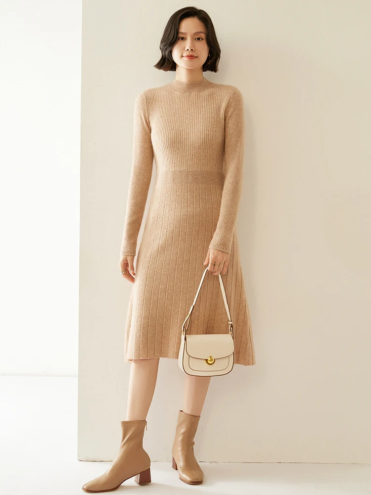 

Autumn Winter Elegant Warm Soft Mock Neck Pullover High Quality 100% Cashmere Dress Women's Slim Femininity Knitted Clothing
