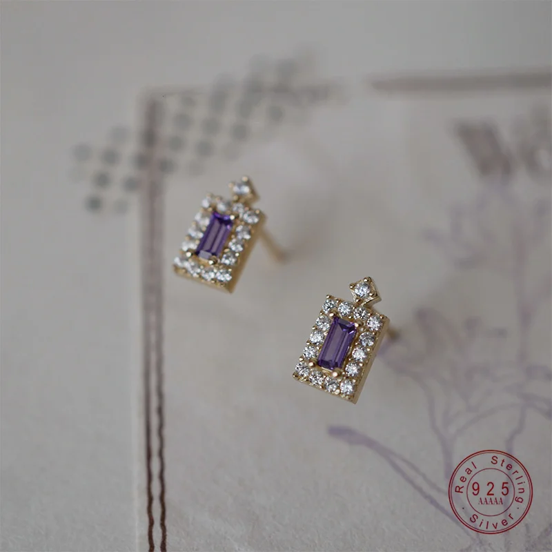 

925 Sterling Silver Plated 14K Gold Purple Shiny Zircon Geometry Earrings for Women French Elegance Romance Jewelry