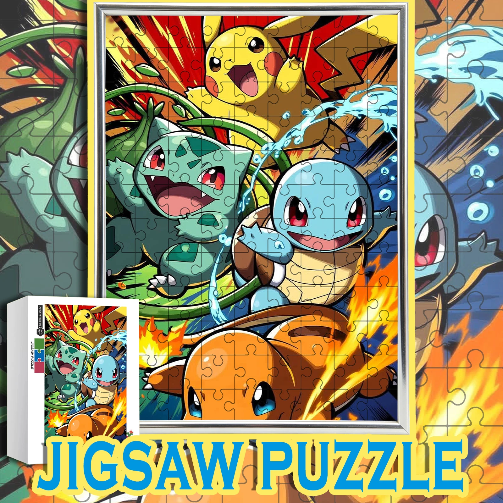 

Kanto Starters with Pikachu Gen 1 Pokemon Dynamic Anime Wooden Jigsaw Puzzle 108/200/300/500/1000pcs Color Box