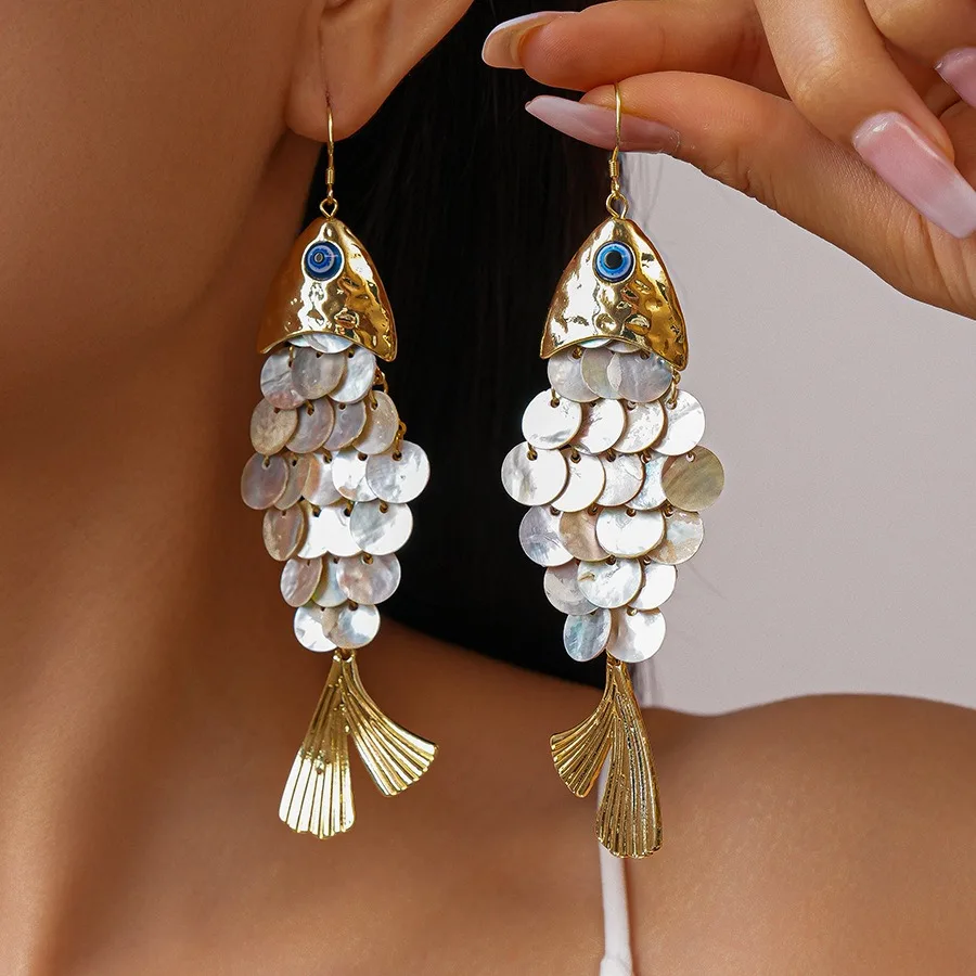 Boho Evil Eye Fish-shaped Earrings Creative Multi-layer Shell Scaly Tassel Drop Earrings Niche Summer Beach Vacation Jewelry