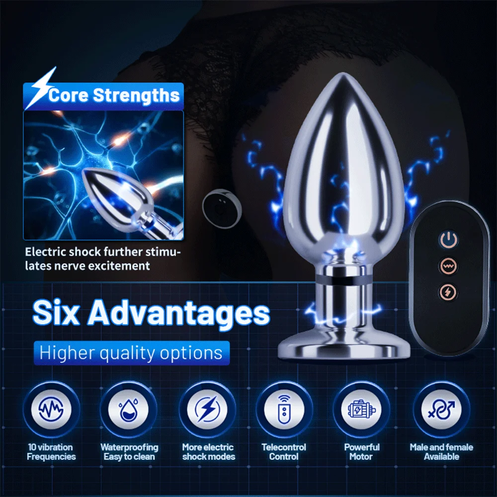 Butt Plug With Vibrator And Current Electric Shock Metal Anal Plug Wireless Remote Vibration Electro Sex Toys for Men/Women/Gay