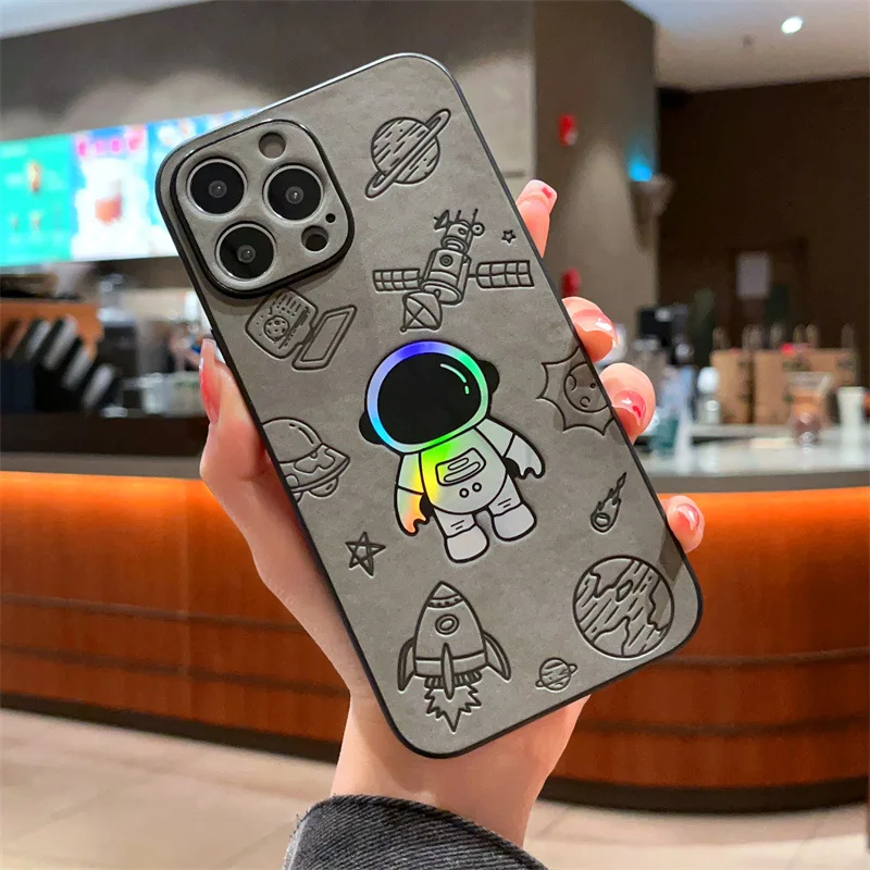 Funda de teléfono con textura de cuero láser de astronauta de dibujos animados para iPhone 17Air 11 12 13 14 15 16 Pro Max XS X XR 7 8 Plus cubierta a prueba de golpes