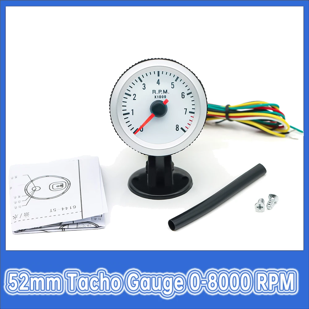 Fit 4/6/8 Cylinder Gasoline Racing 12V Tachometer 0-8000RPM with Pod Holder Blue LED Backlight 52MM Tacho Meter