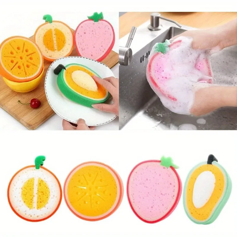 5-Piece Set of Fruit-Shaped Thickened Dishwashing Sponges Magic Scouring Pads and Washcloths for Kitchen Cleaning Supplies