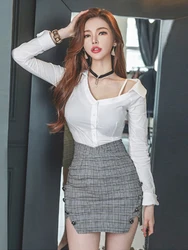 new arrival fashion set women spring OL temperament casual sexy off-shoulder white shirt and plaid mini skirt two piece set