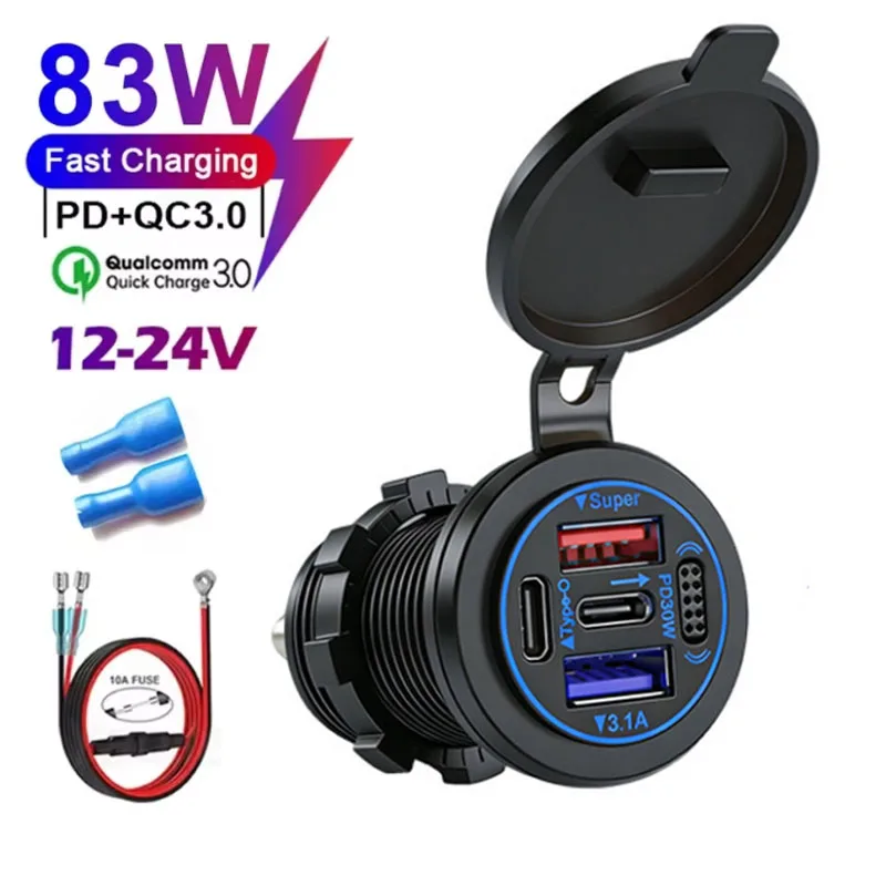 4 Ports PD+QC3.0 USB TYPE-C Car Charger with Voltmeter Switch Socket Power Outlet Adapter Waterproof For 2V/24V Car Boat RV