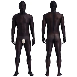 Men's Glossy Bodystocking Full Body Suit See-though Stretch Nylon One Piece Overall Catsuit with Head Mask Underwear Clubwear