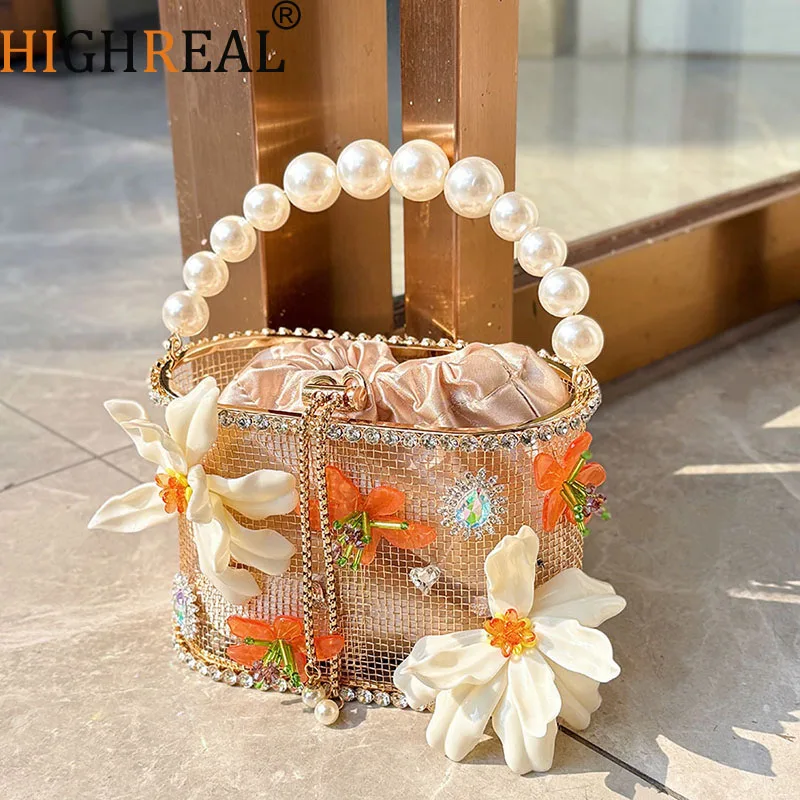 

Pearl Handle Cage Bag Rhinestone Bag Flower Evening Clutch Bag Purse Handbag Shoulder Bag Shiny Crystal Clutch Purse Bucket Bag