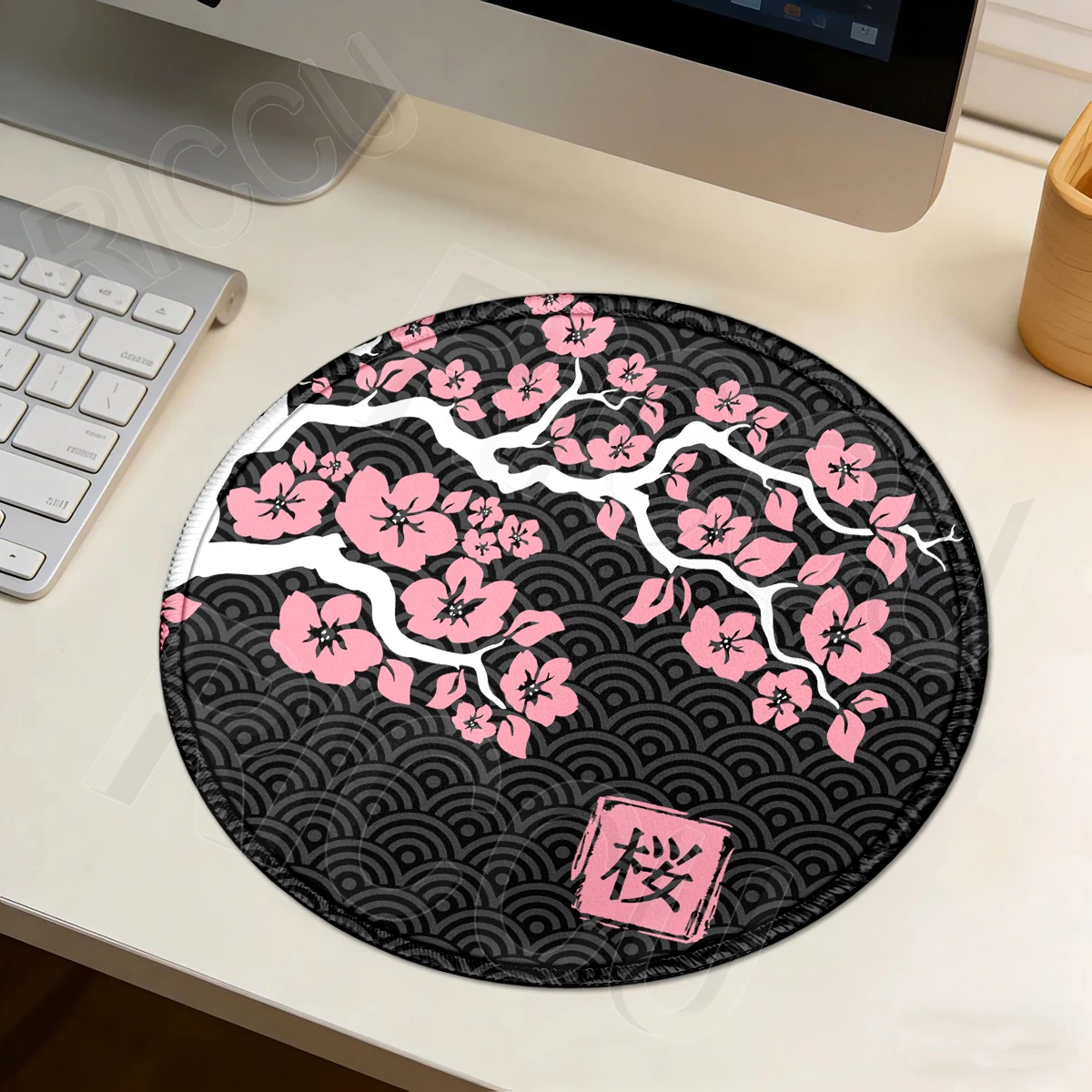 Cherry Blossoms Aesthetics Small Mouse Pad Rubber Sakura Black Wave Laptop Round Mouse Mats Gamer PC Keyboard Office Accessories