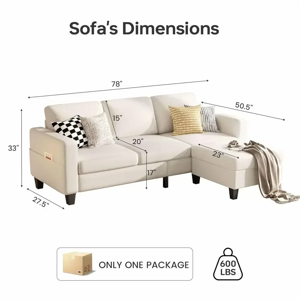 78 L-Shaped Sectional Sofa with Reversible 3-Seat Beige Couch, Storage Ottoman, and Side Pockets for Small Living Rooms and Dorm