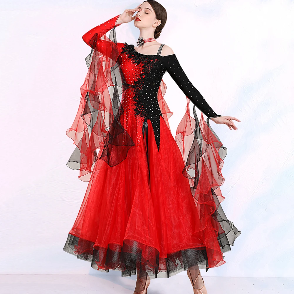 فستان رقص الفالس بأكمام طويلة، فستان أحمر أصفر، شريط، فستان رقص قاعة الرقص، فستان أزرق بحيرة للحفلات الراقصة عالي الجودة