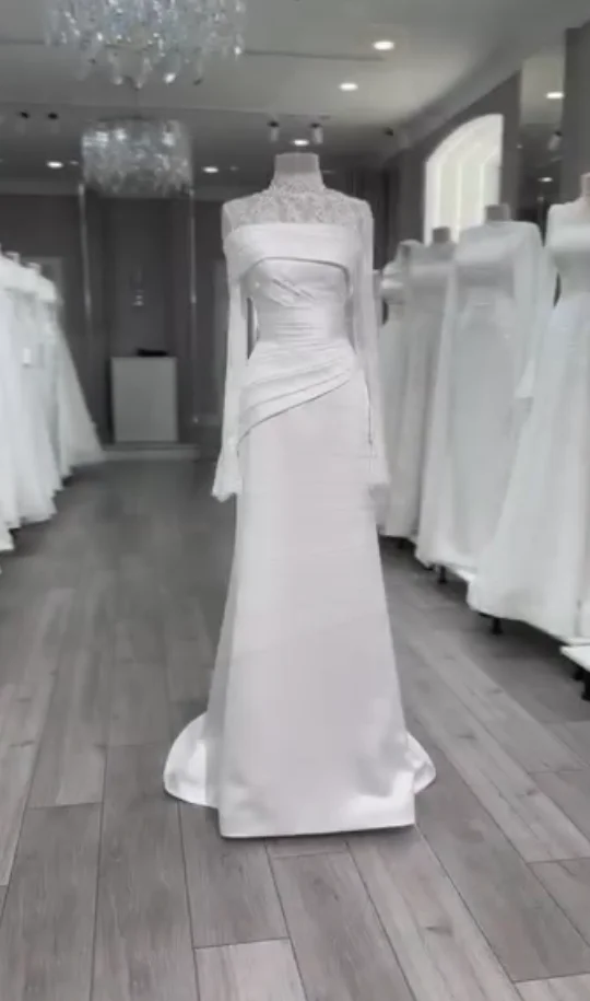QICHE Satin Muslim Wedding Dresses High Neck Lace Full Sleeves Bride Gowns Dubai Modest White Long Bridal Dress Customized image 4