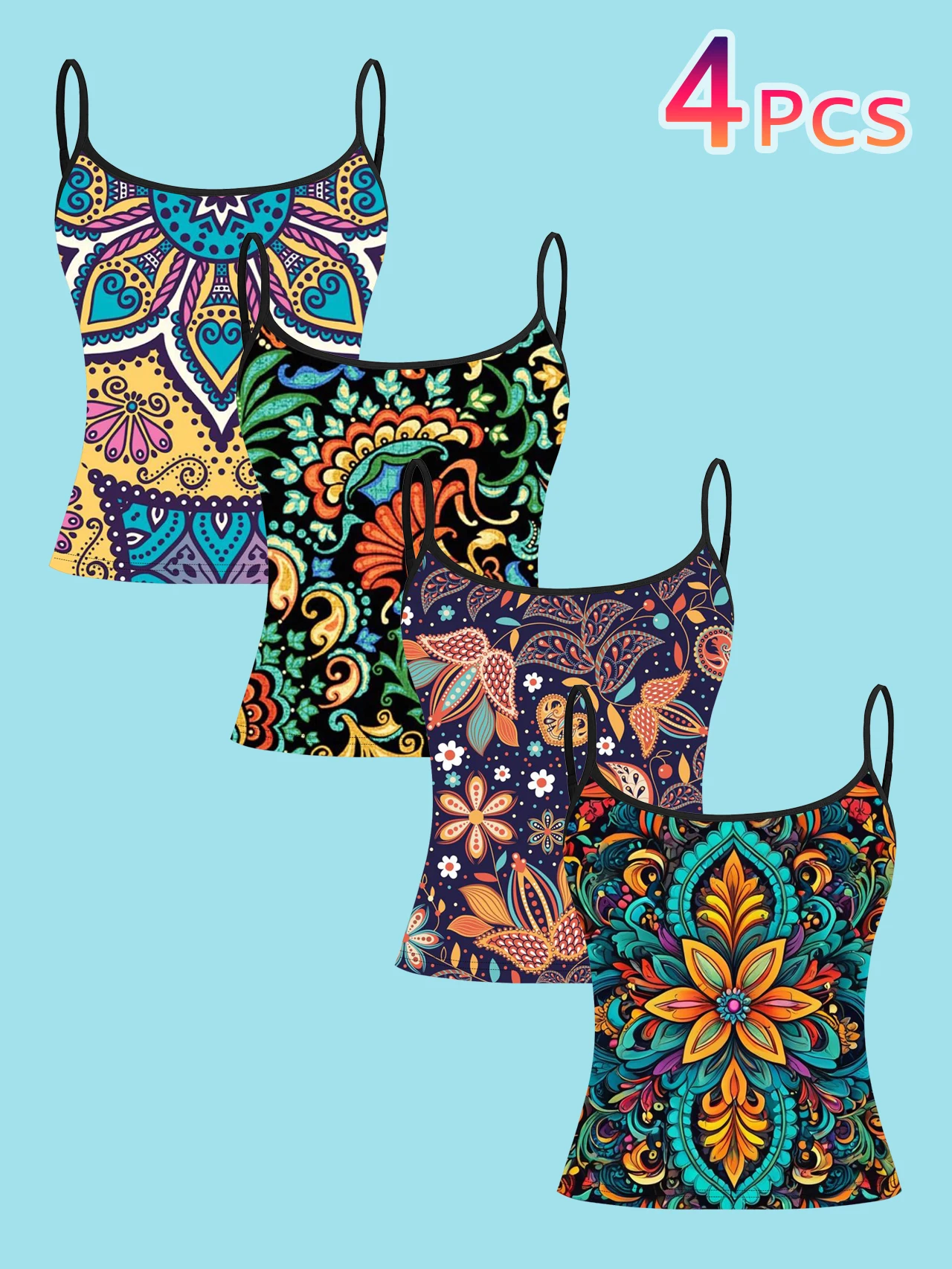 4-Pack of Women's Colorful Mandala Floral Print Camisoles, Bohemian Ethnic Style Slim-Fit Spaghetti Strap Inner Tops