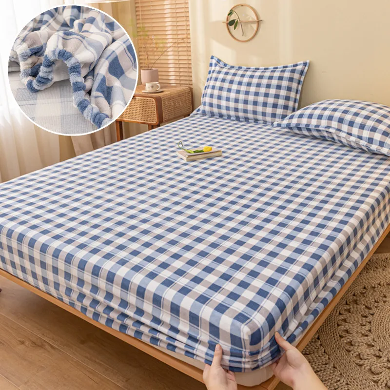 

Velvet Bedsheet with Pillowcase sabanas Elastic Fitted Sheet Set Queen Size Plaid Style Bed Linen Sets Home Warm Mattress Cover