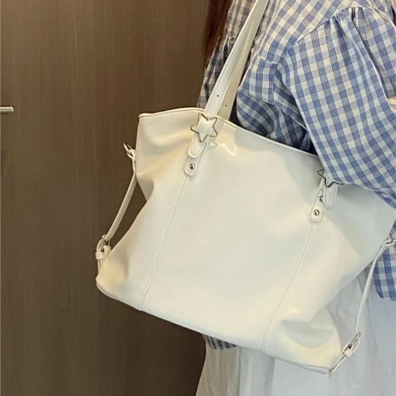 

White Star Studded Tote Bag Women Leather Large Capacity Shoulder Bags Ladies Casual Versatile Commute Minimalist Crossbody Bag