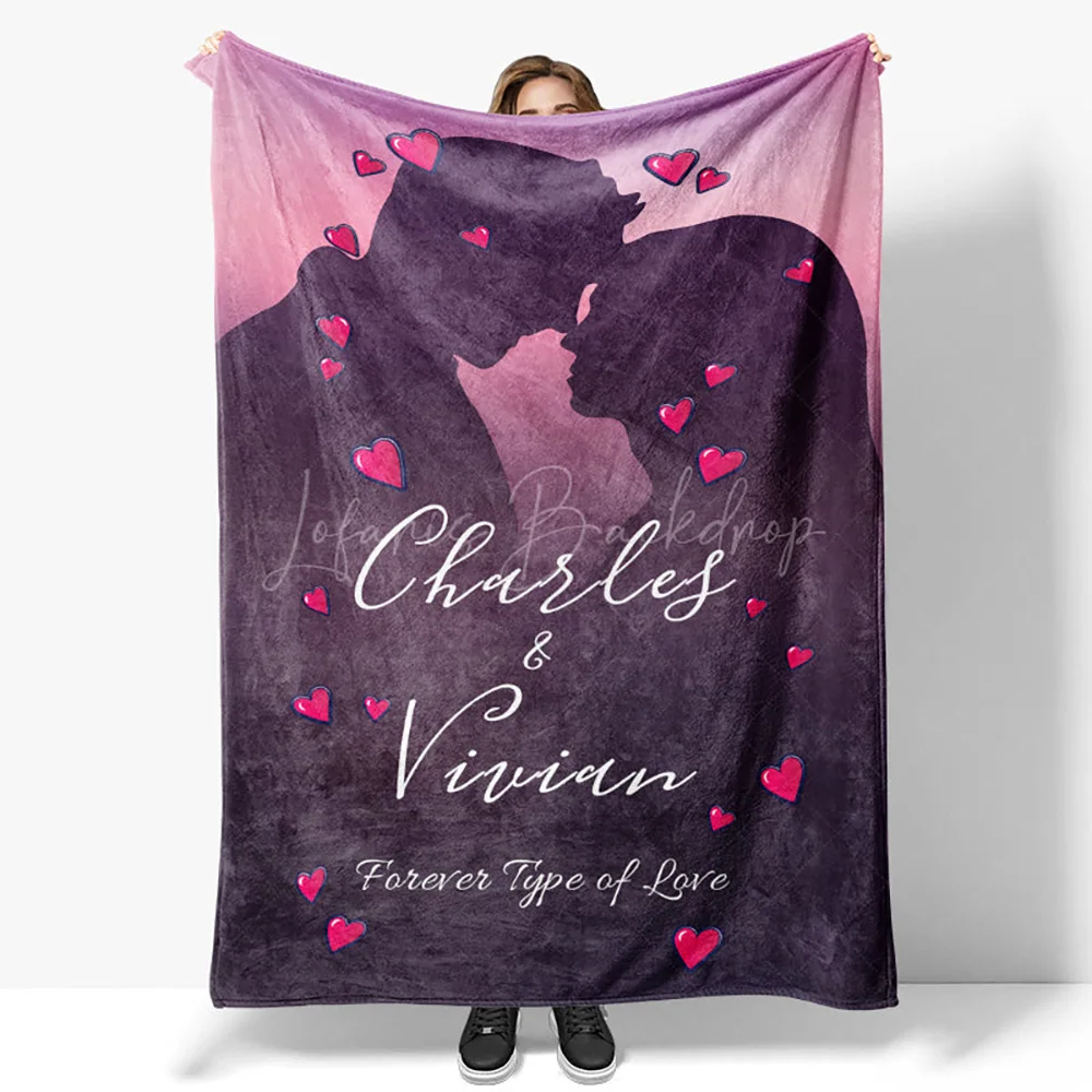 Romantic Couple Silhouette Hearts Custom Name 50x60in Blanket, Personalized Gift for Valentine's Day